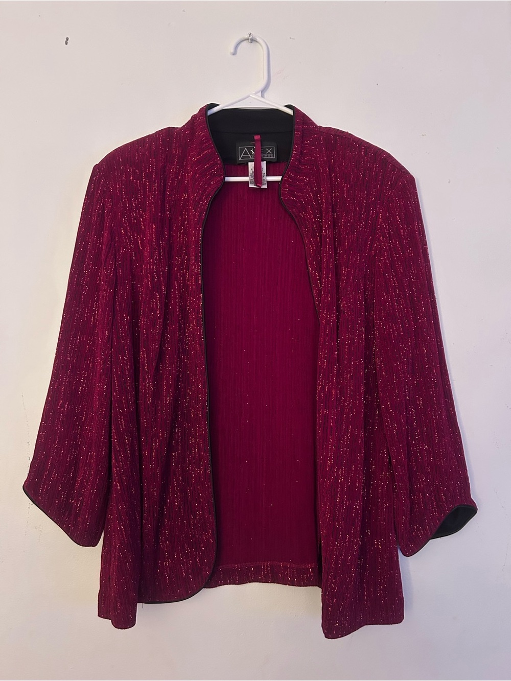 Alex Evenings XL Burgundy Wine Metallic Glitter Open Front Evening Jacket